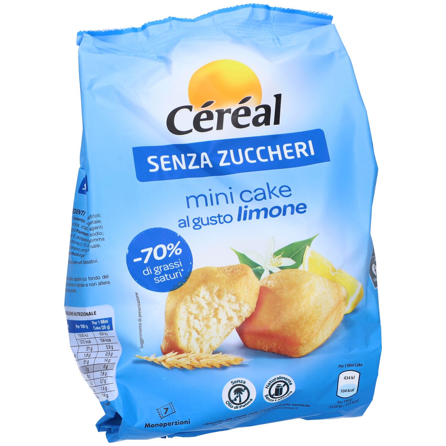 Confezione di Céréal Mini Cake al gusto limone, senza zuccheri. Confezione blu con immagine del prodotto e logo.