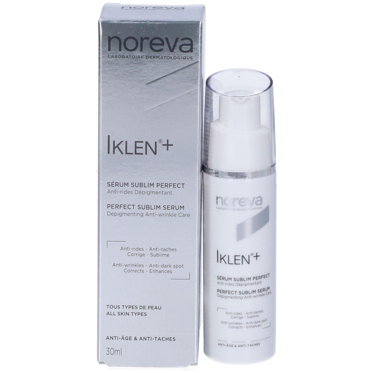 Emballage du produit avec flacon et boîte. Inscription : Noreva, Iklen+, Sérum Sublim Perfect.