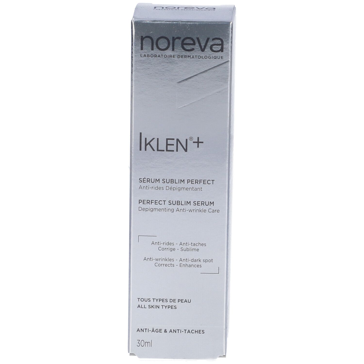 Emballage en carton. Inscription : Noreva, Iklen+, Sérum Sublim Perfect. Texte : Tous types de peau.