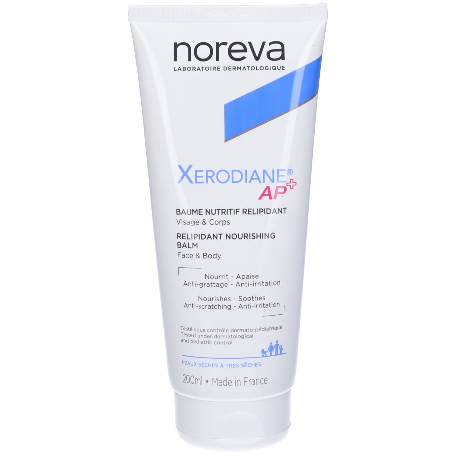 Tubo bianco con striscia blu e nome del prodotto. Testo: Xerodiane AP+, Baume Nutritif, Viso & Corpo. 200ml.