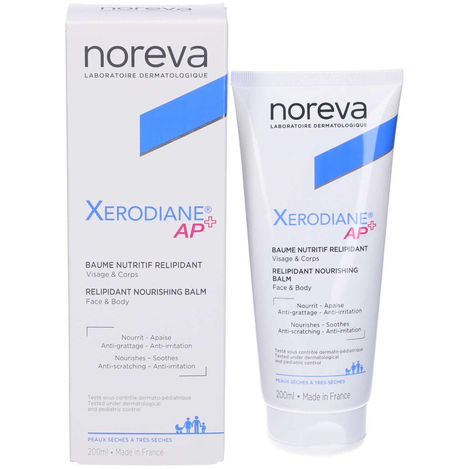 Confezione del prodotto: tubo e scatola. Entrambi bianchi con una striscia blu e il nome del prodotto. Testo: Xerodiane AP+.