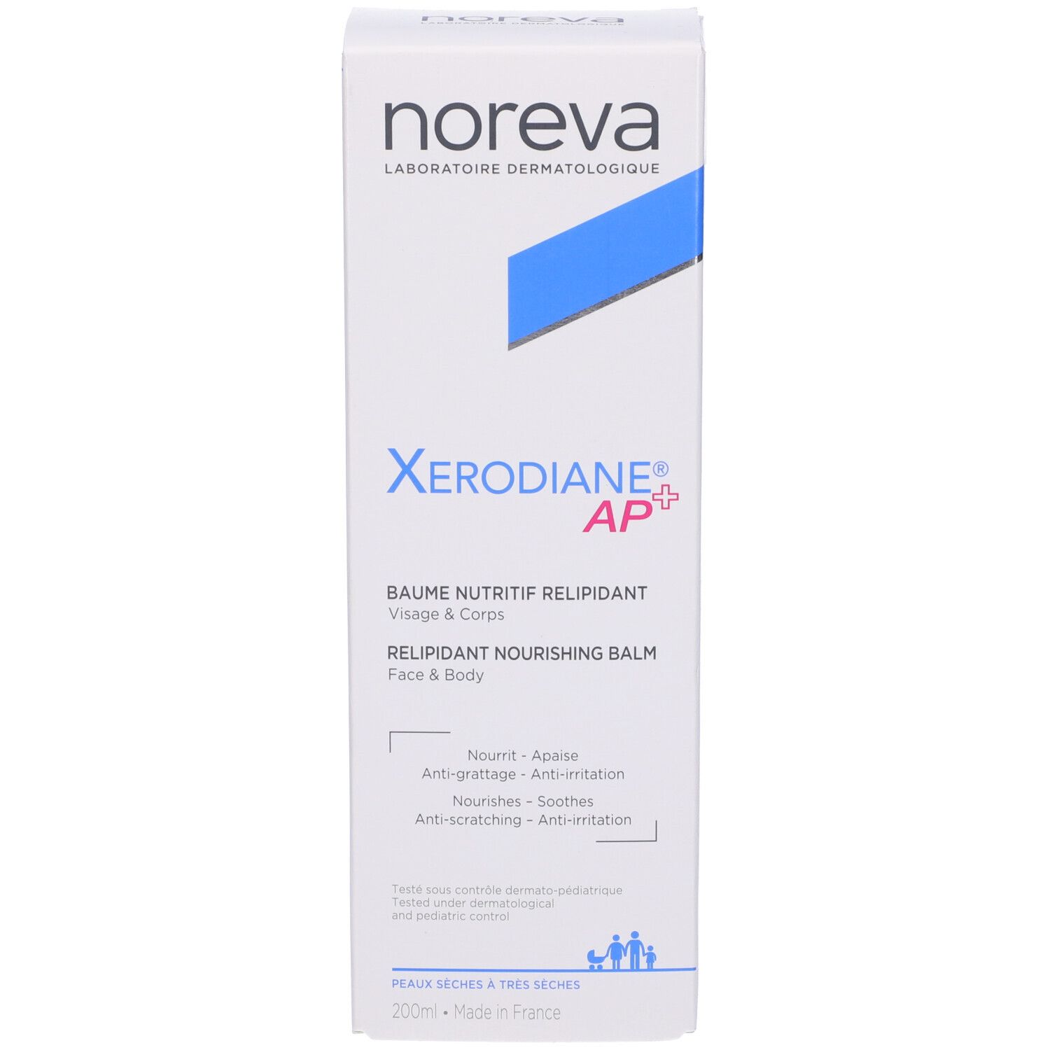 Confezione in cartone, bianca con striscia blu e nome del prodotto. Testo: Xerodiane AP+, Baume Nutritif, Viso & Corpo.