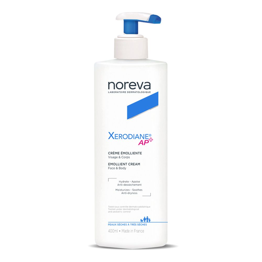 Flacone bianco con dosatore blu. Scritta: Noreva, Xerodiane AP+, Crème Emolliente, Viso & Corpo. 400ml.