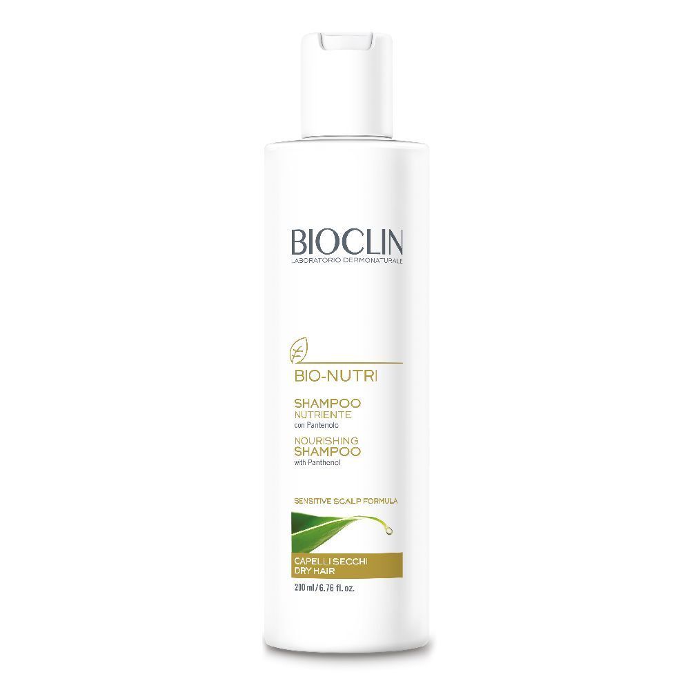 Flacone bianco con logo BIOCLIN e nome del prodotto. Contiene Bio-Nutri Shampoo Nutriente per capelli secchi.