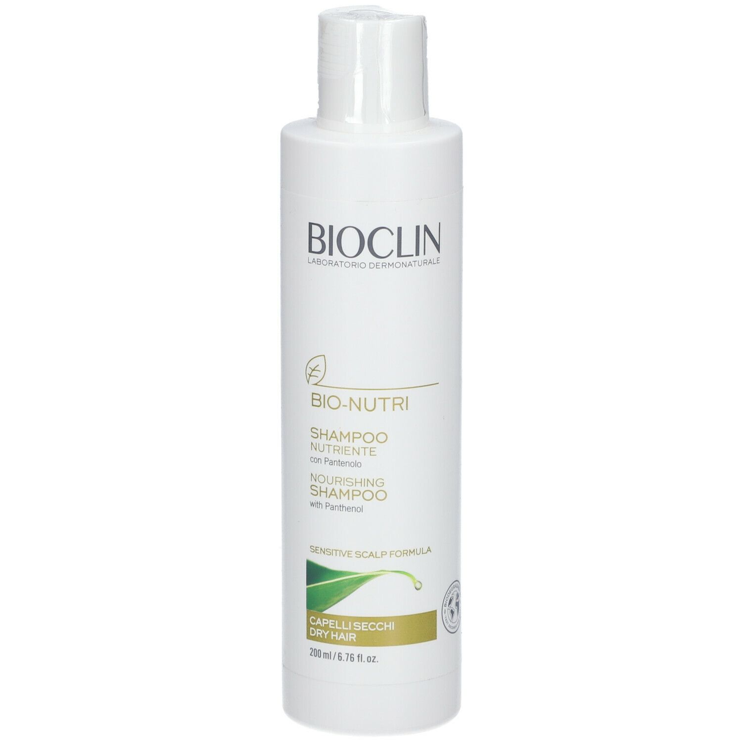 Flacone bianco con logo BIOCLIN e nome del prodotto. Contiene Bio-Nutri Shampoo Nutriente per capelli secchi.