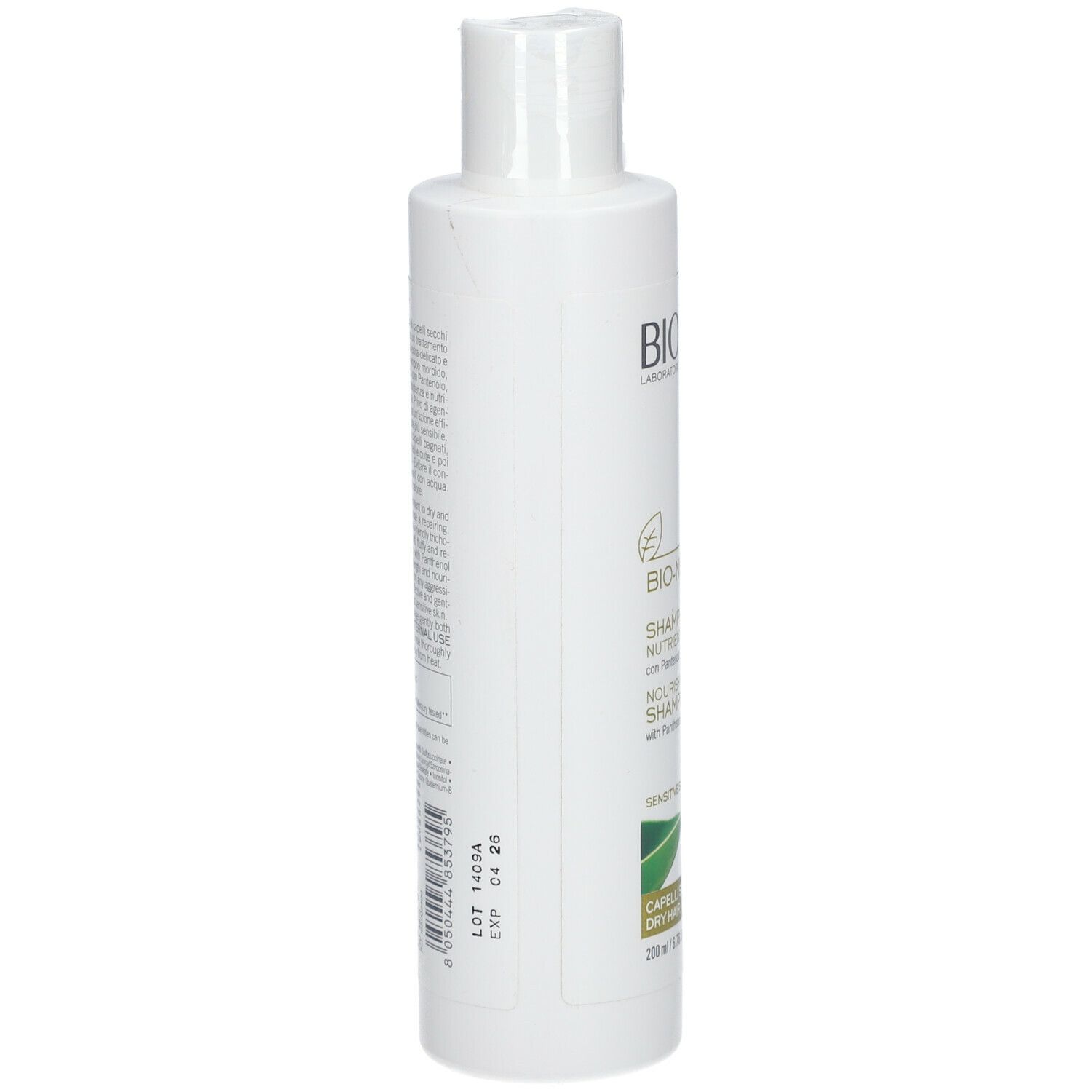 Flacone bianco, retro con testo. Contiene Bio-Nutri Shampoo Nutriente. Data di scadenza e numero di lotto.