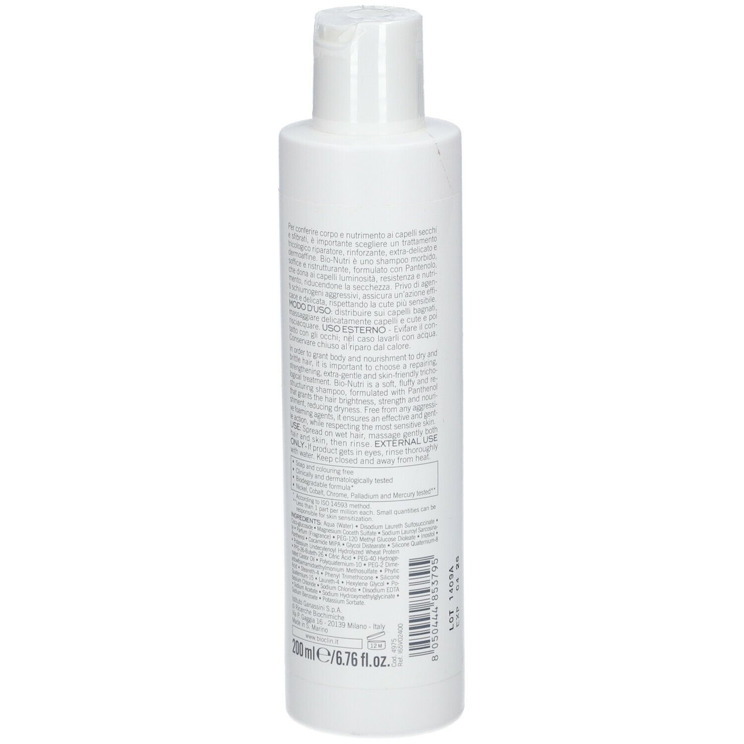 Flacone bianco, retro con testo. Contiene Bio-Nutri Shampoo Nutriente. Testo per uso esterno.