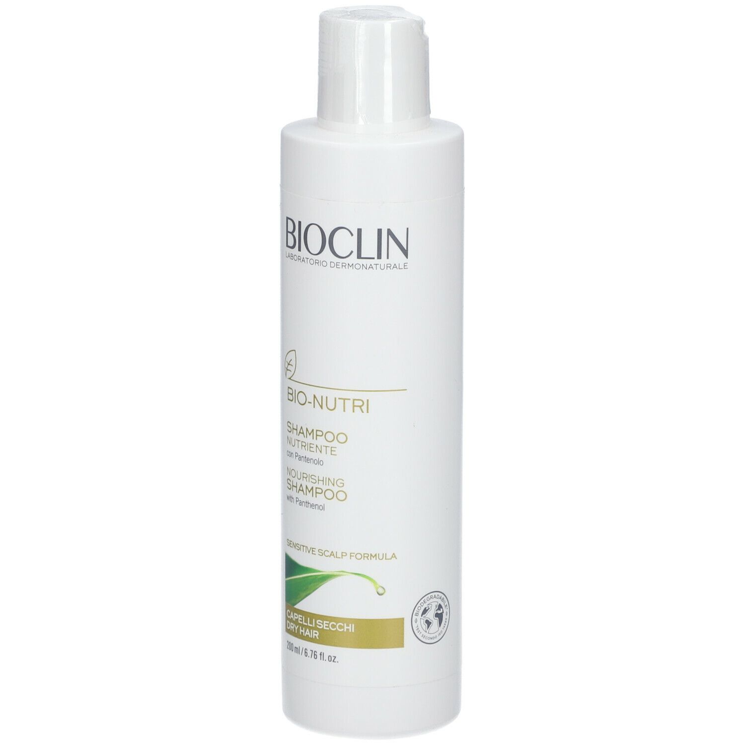 Flacone bianco con logo BIOCLIN e nome del prodotto. Contiene Bio-Nutri Shampoo Nutriente per capelli secchi.