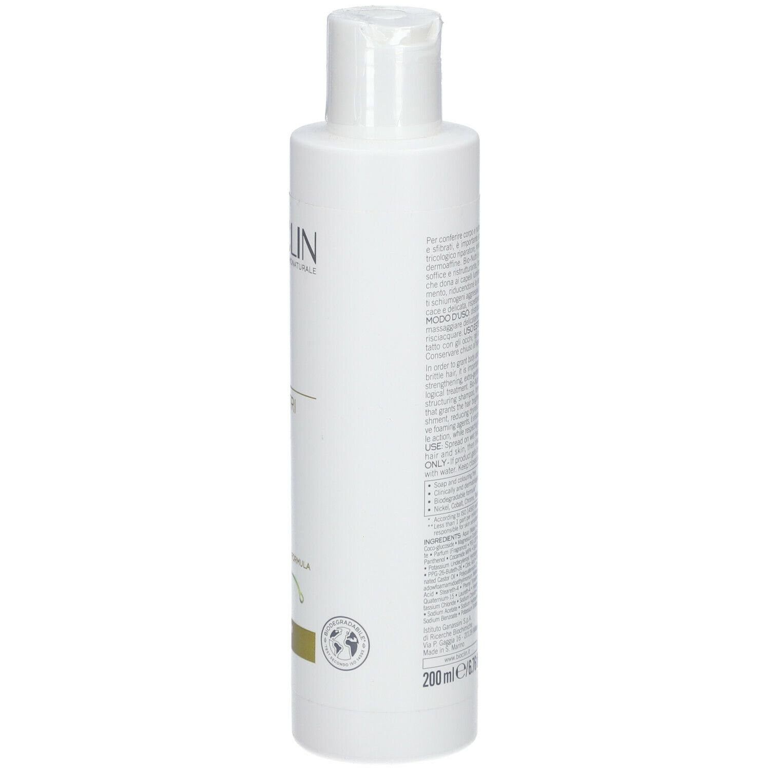 Flacone bianco, retro con testo. Contiene Bio-Nutri Shampoo Nutriente. Testo per uso esterno.