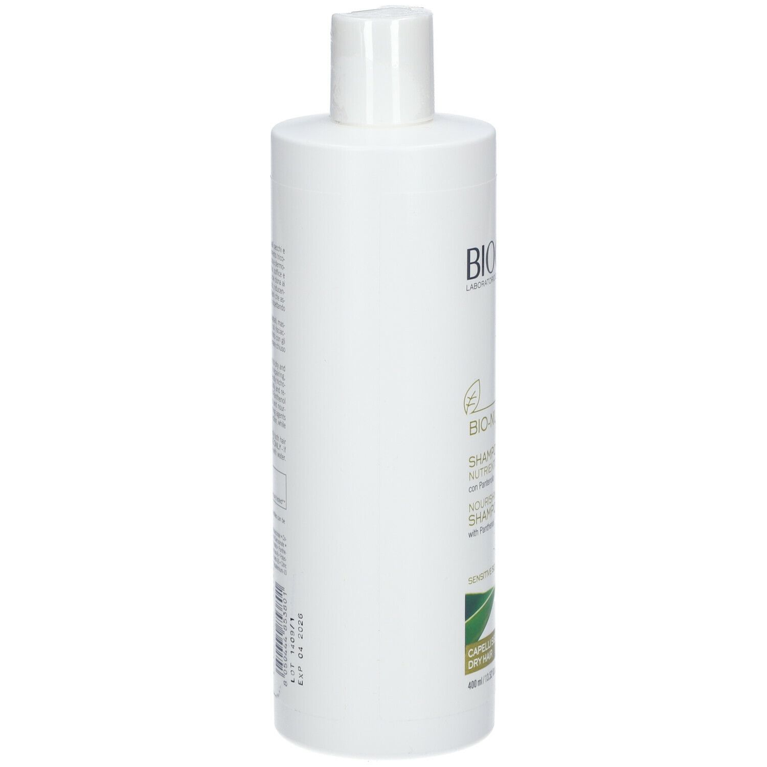 Flacone bianco BIOCLIN Bio Nutri Shampoo Nutriente. Per capelli secchi. Contiene Panthenol. Retro con testo in italiano.