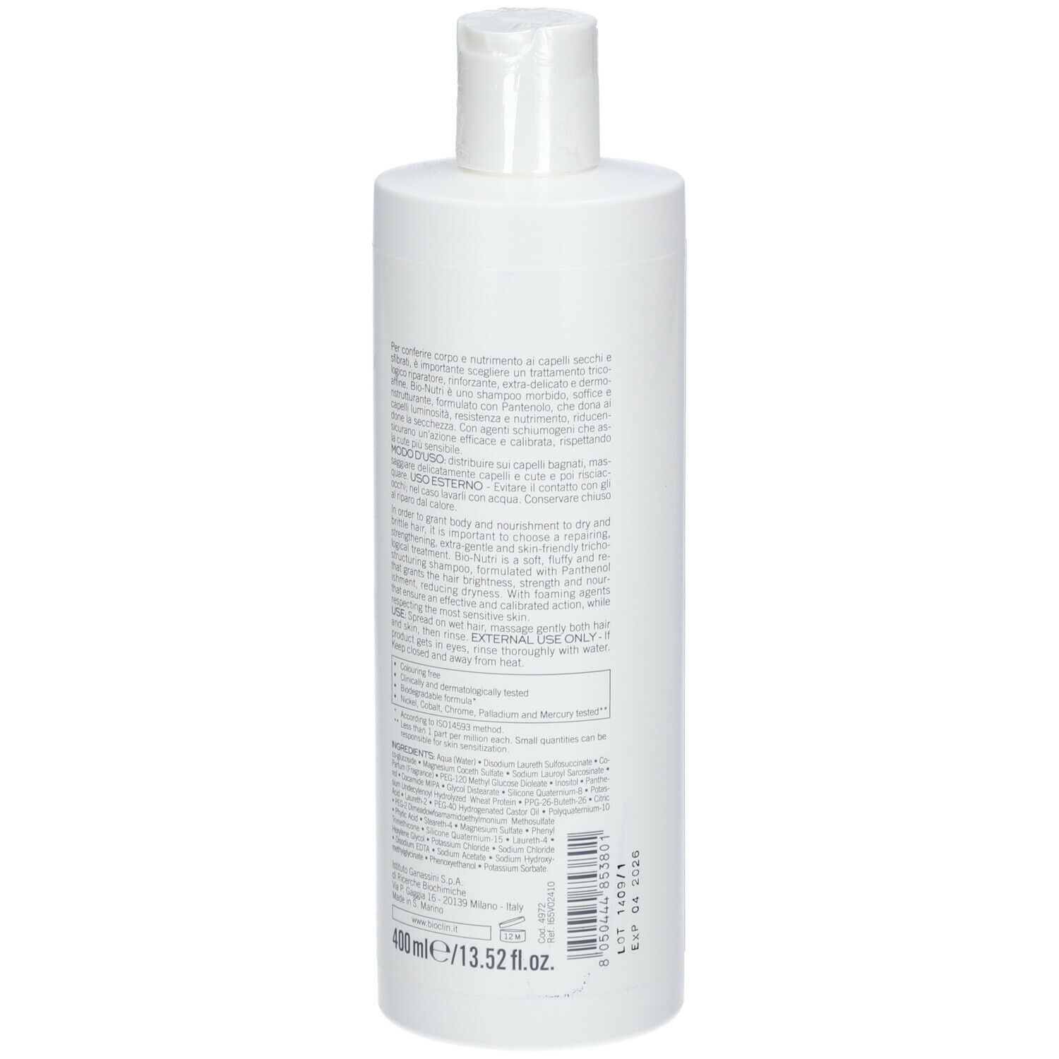 Flacone bianco BIOCLIN Bio Nutri Shampoo Nutriente. Per capelli secchi. Contiene Panthenol. Retro con testo in italiano.