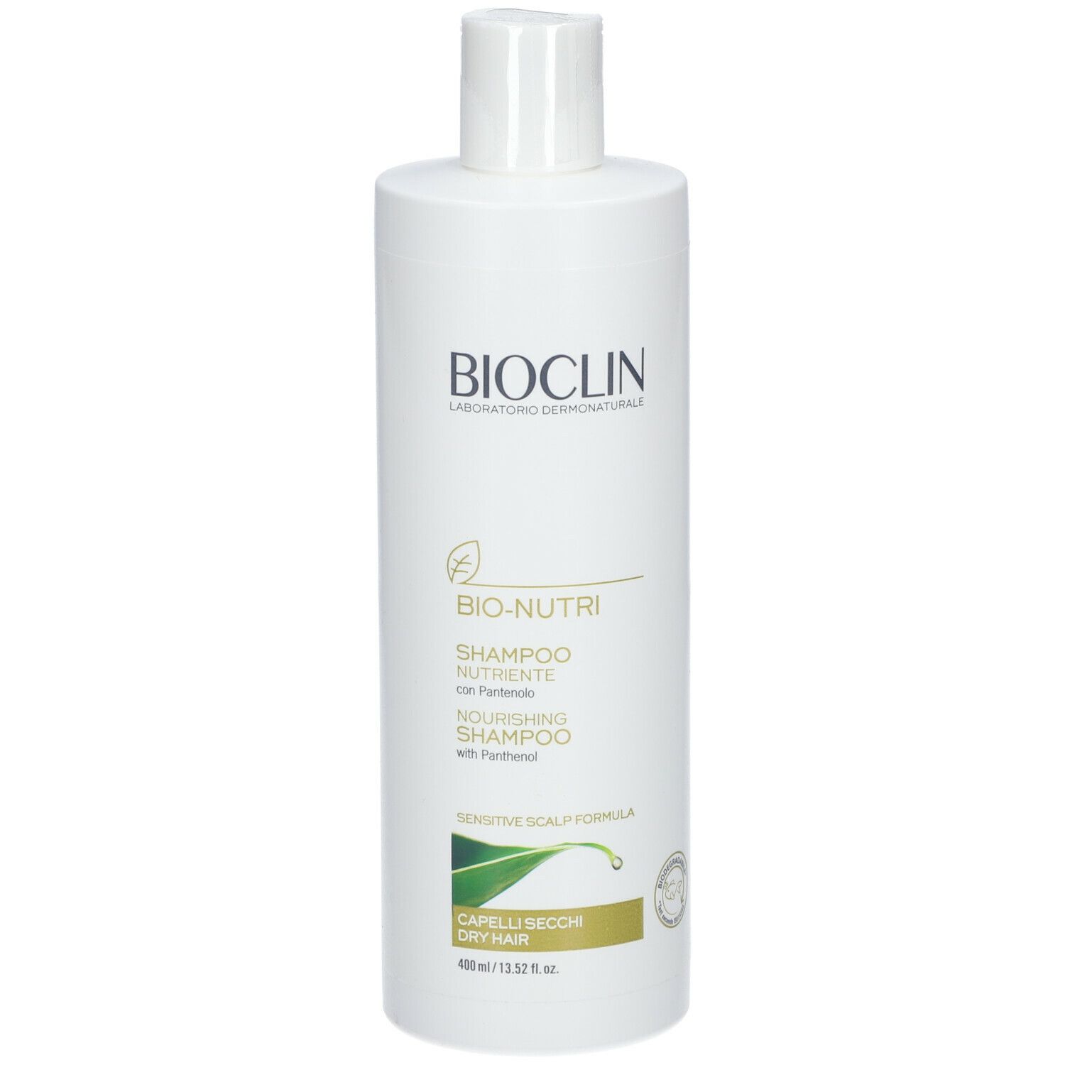 Flacone bianco BIOCLIN Bio Nutri Shampoo Nutriente. Per capelli secchi. Contiene Panthenol. Retro con testo in italiano.