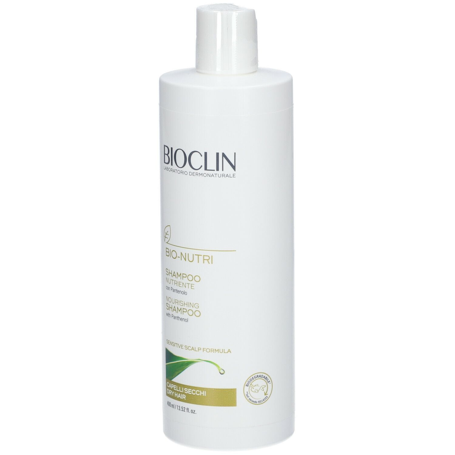 Flacone bianco BIOCLIN Bio Nutri Shampoo Nutriente. Per capelli secchi. Contiene Panthenol. Logo e testo in italiano e inglese.