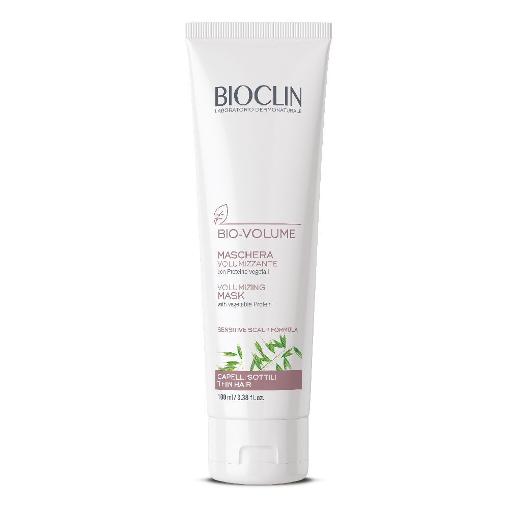 Tubo bianco con testo BIOCLIN, BIO-VOLUME, MASCHERA VOLUMIZZANTE, VOLUMIZING MASK. Per capelli sottili.