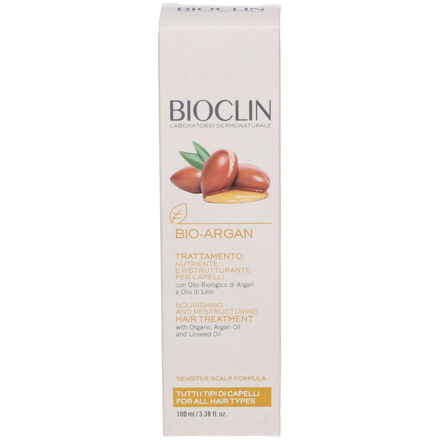 Confezione in cartone. Scritta: BIOCLIN, BIO-ARGAN, Trattamento, con olio di Argan e lino.