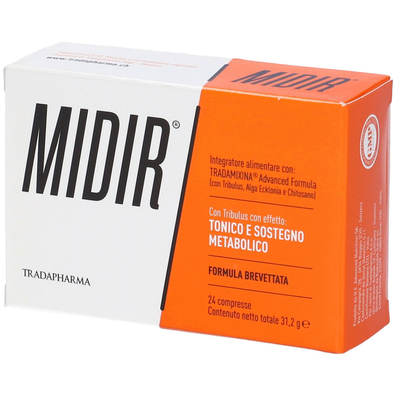 Scatola bianca e arancione con la scritta « MIDIR ». Testo: « Integratore alimentare » e « 24 compresse ». Marchio: Tradapharma.
