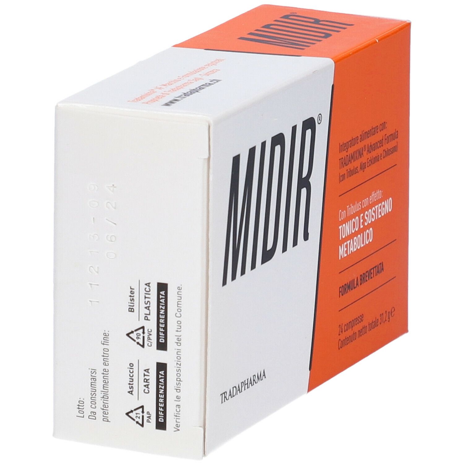 Scatola bianca e arancione con la scritta « MIDIR ». Testo: « Integratore alimentare » e « 24 compresse ». Marchio: Tradapharma.