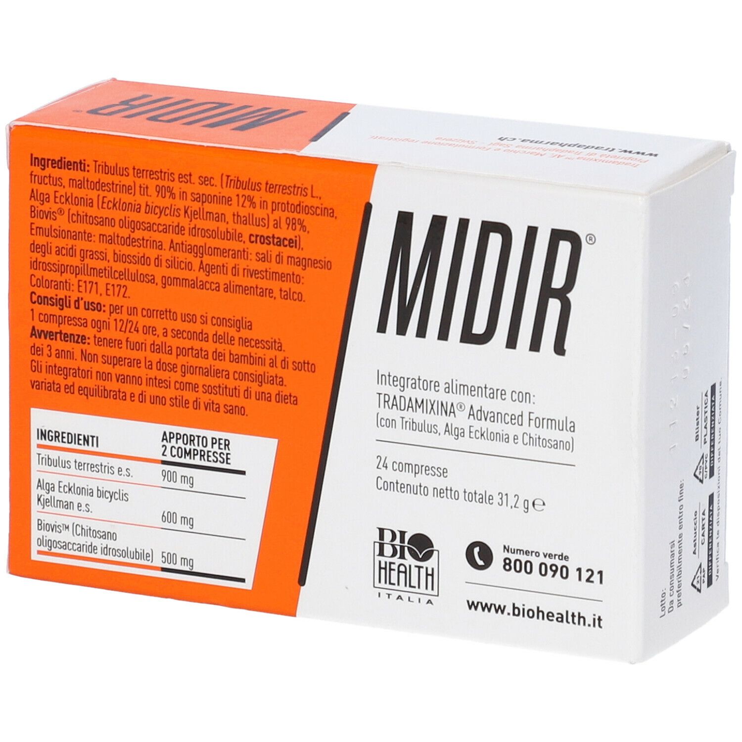 Scatola bianca e arancione con la scritta « MIDIR ». Testo: « Integratore alimentare » e « 24 compresse ». Marchio: Tradapharma.