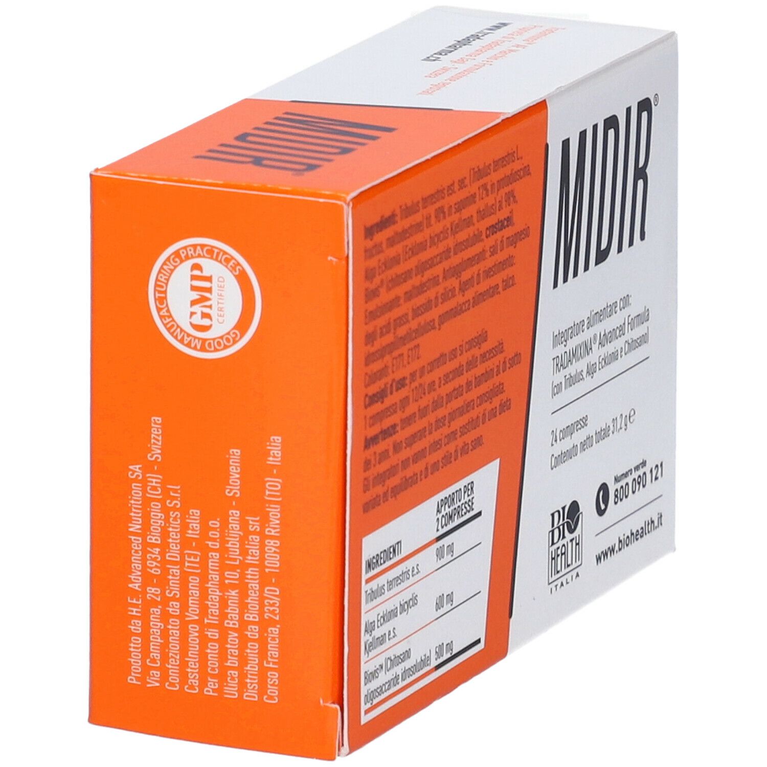 Scatola bianca e arancione con la scritta « MIDIR ». Testo: « Integratore alimentare » e « 24 compresse ». Marchio: Tradapharma.