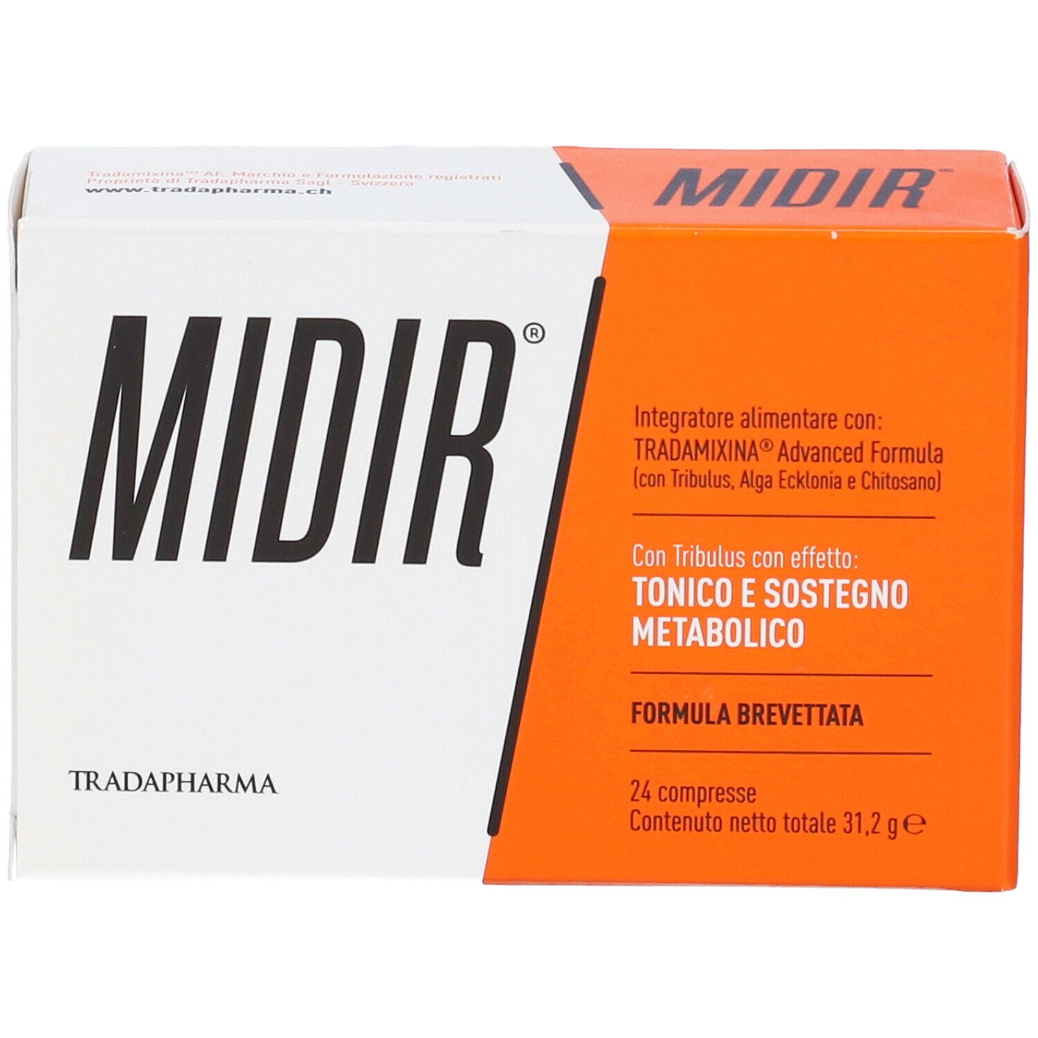 Scatola bianca e arancione con la scritta « MIDIR ». Testo: « Integratore alimentare » e « 24 compresse ». Marchio: Tradapharma.