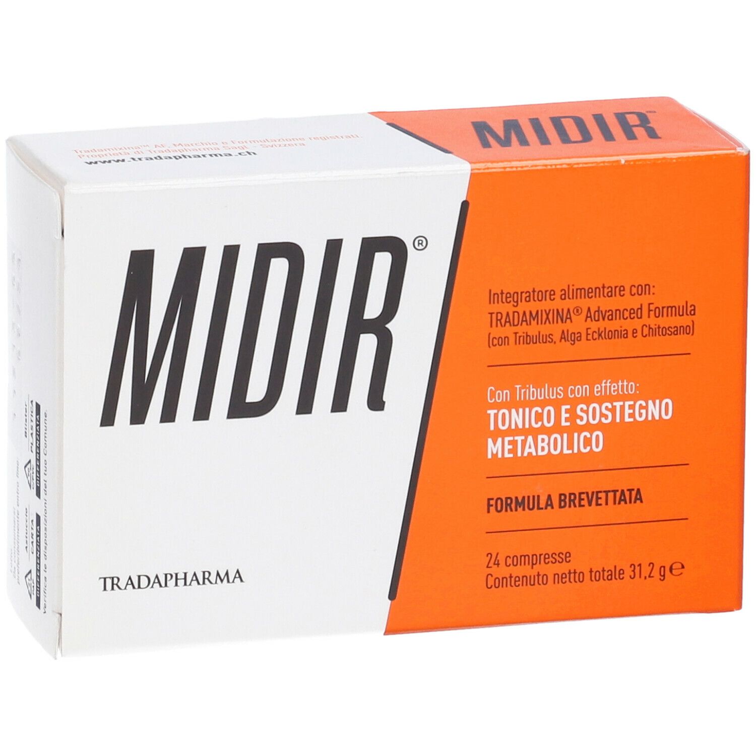 Scatola bianca e arancione con la scritta « MIDIR ». Testo: « Integratore alimentare » e « 24 compresse ». Marchio: Tradapharma.
