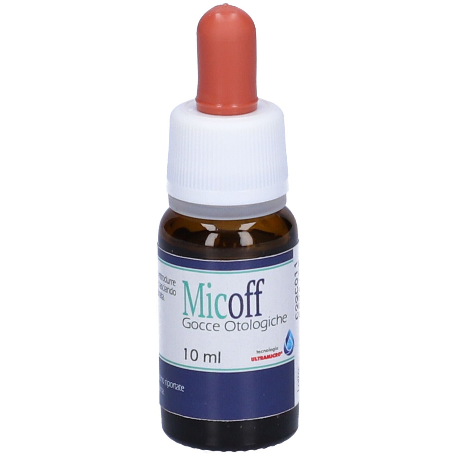 Flacone di vetro marrone con tappo bianco e punta rossa. Etichetta blu con testo: Micoff Gocce Otologiche, 10 ml.