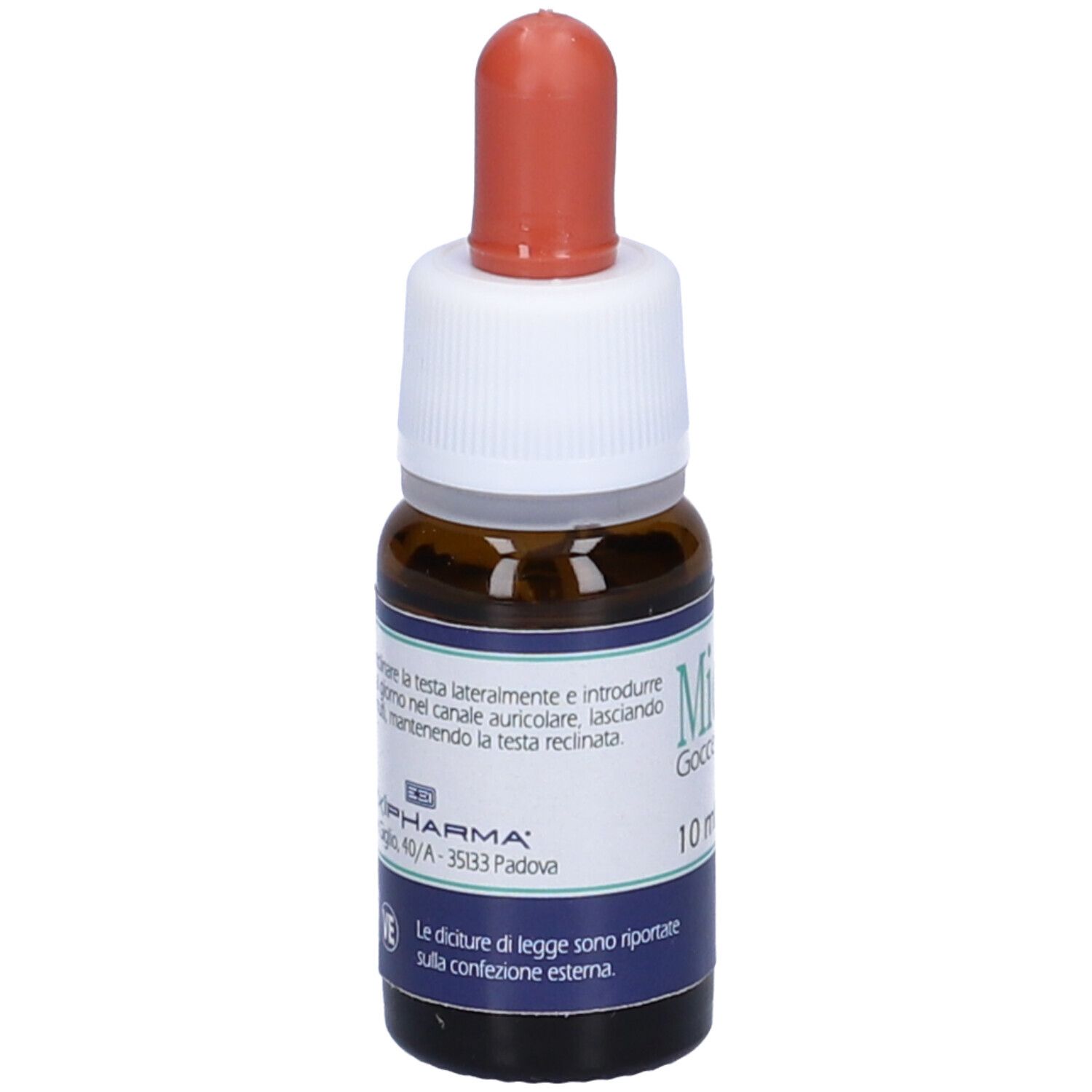 Flacone di vetro marrone con tappo bianco e punta rossa. Etichetta con testo e logo EXIPHARMA.