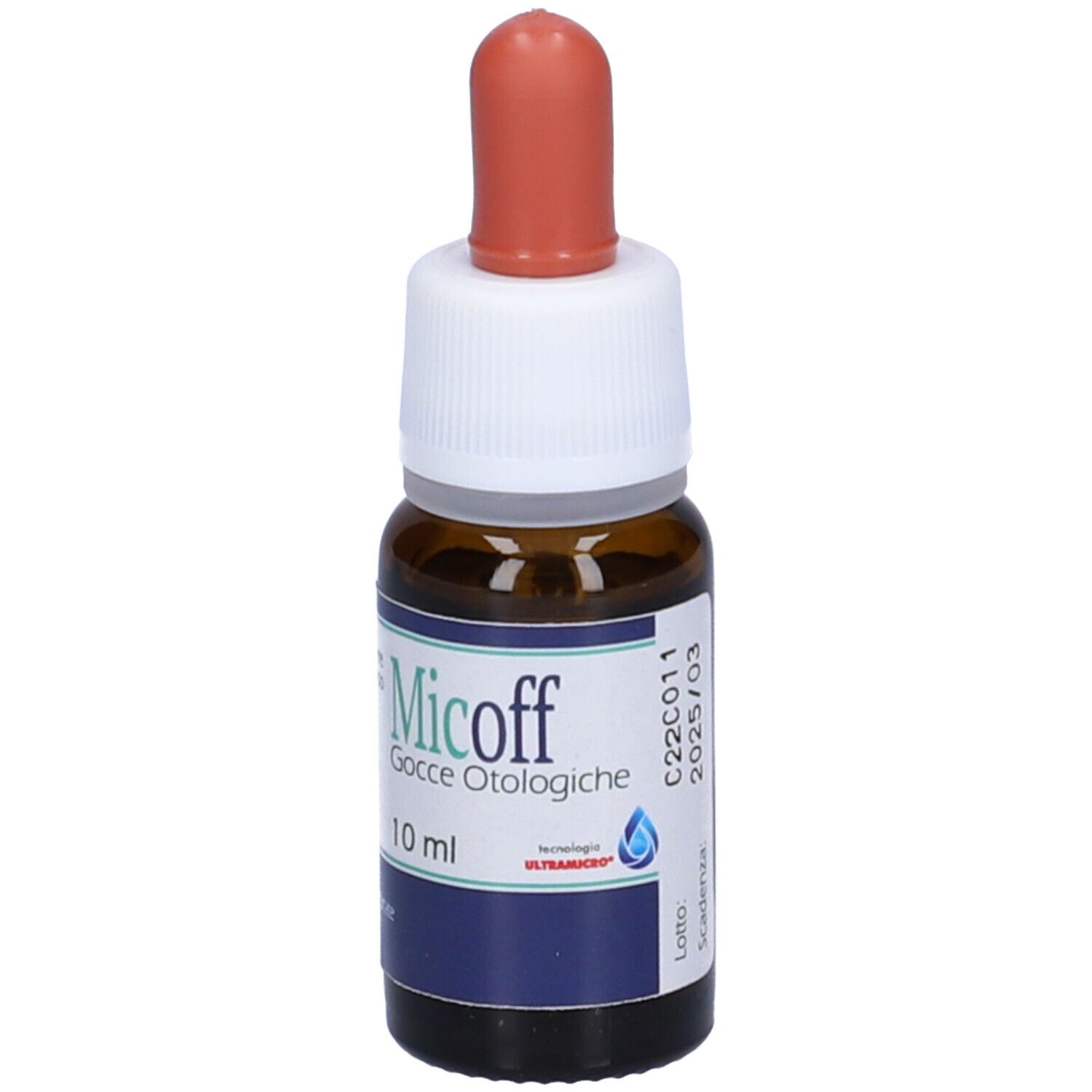Flacone di vetro marrone con tappo bianco e punta rossa. Etichetta con testo: Micoff Gocce Otologiche, 10 ml.
