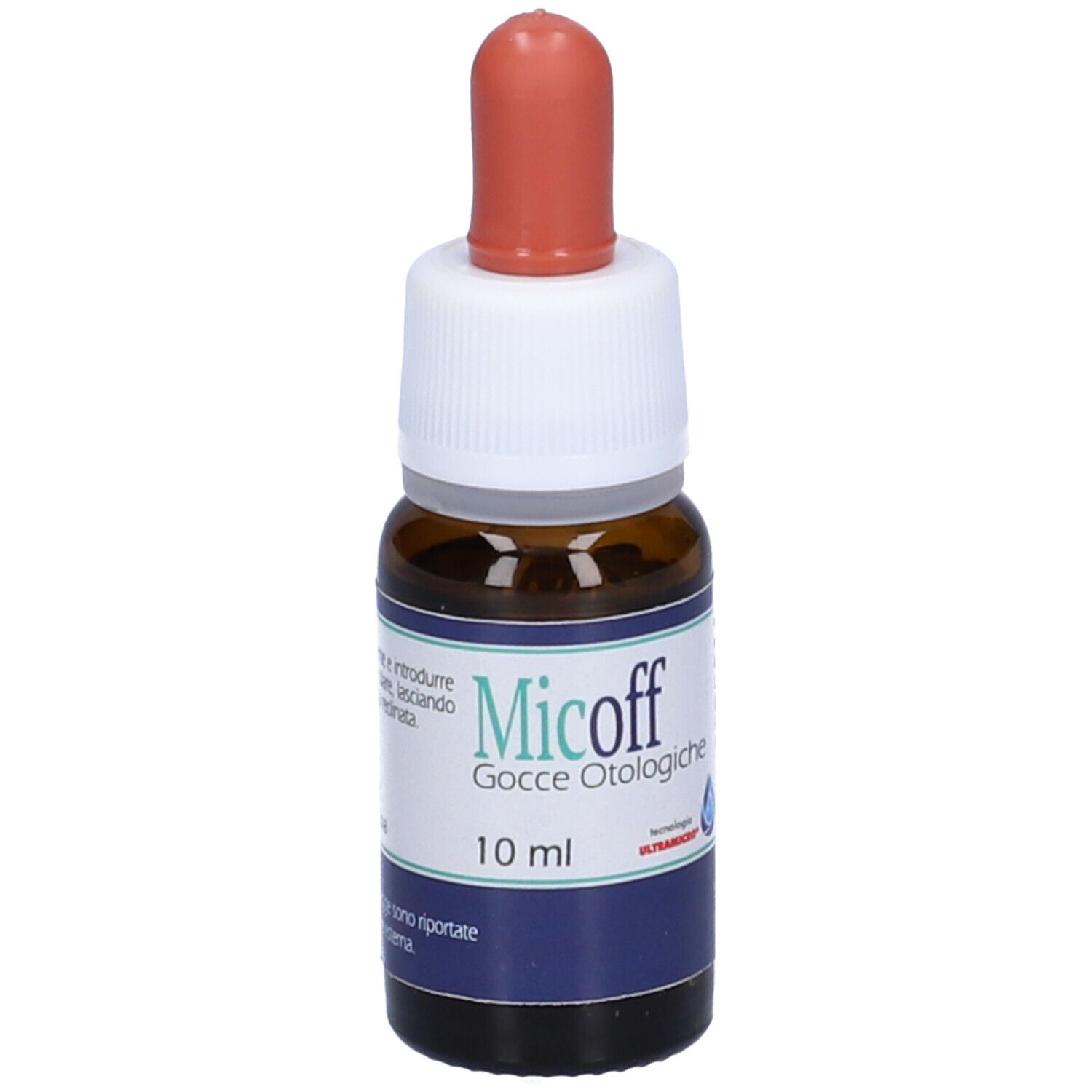Flacone di vetro marrone con tappo bianco e punta rossa. Etichetta con testo: Micoff Gocce Otologiche, 10 ml.