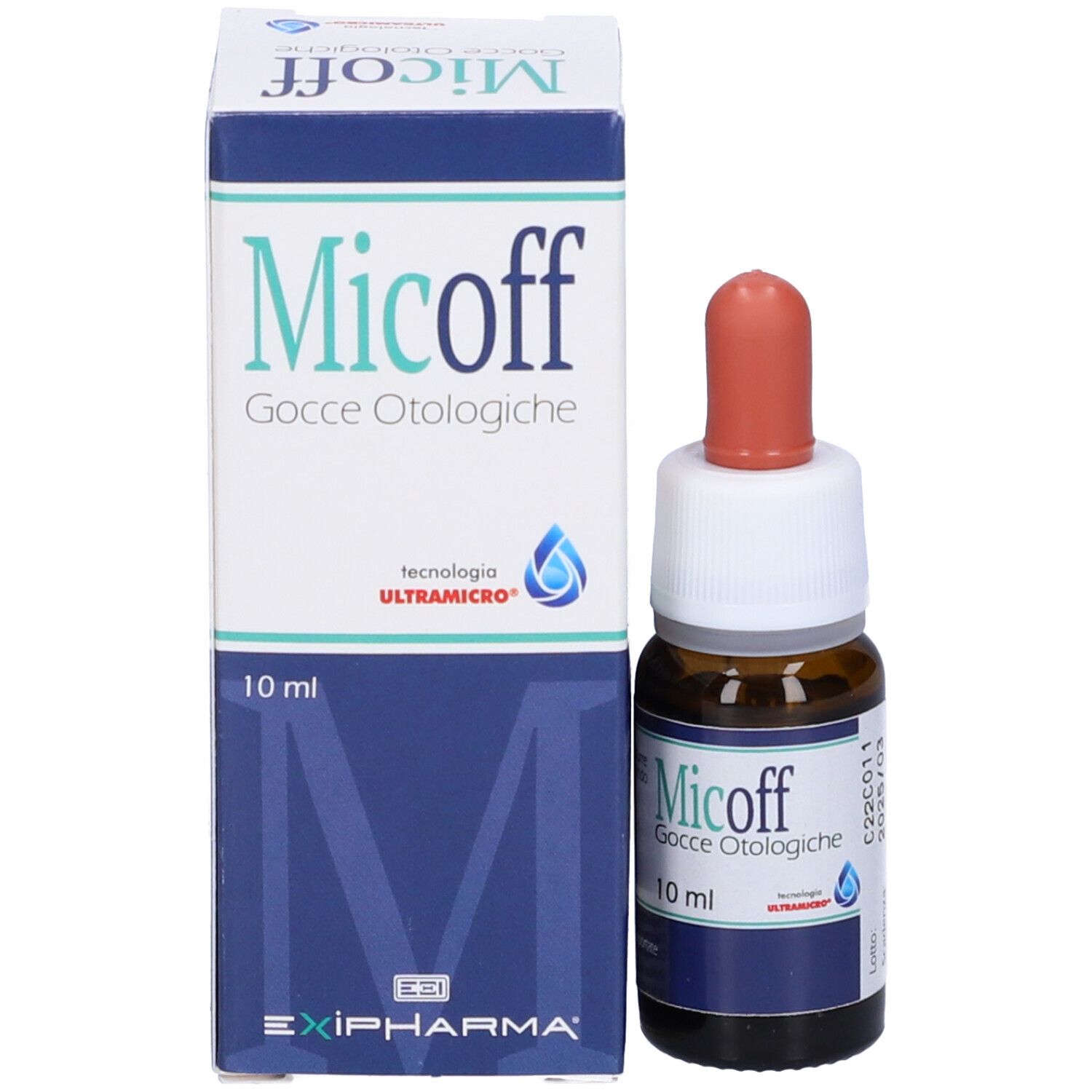 Confezione e flacone. Scatola bianca con testo blu: Micoff Gocce Otologiche, 10 ml. Flacone marrone.