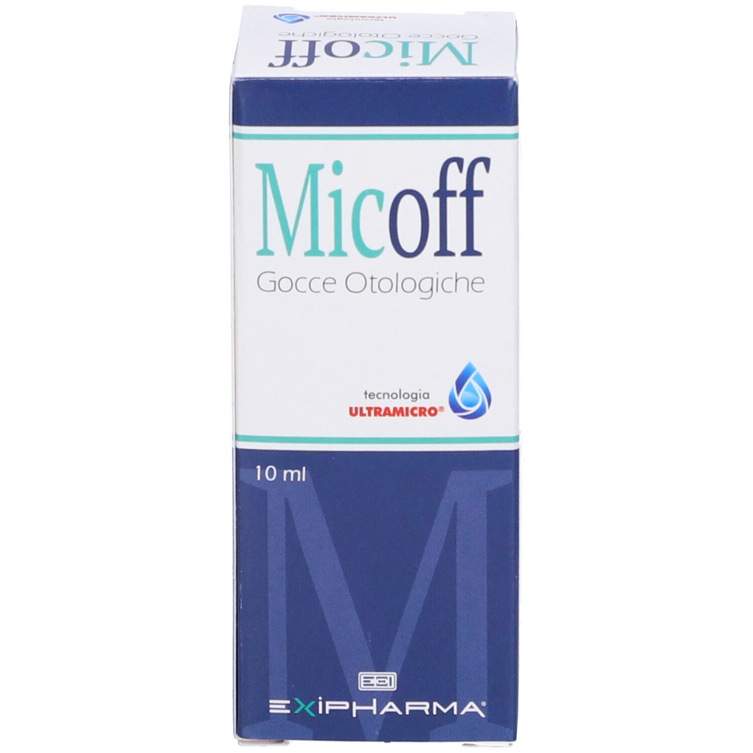 Scatola bianca con testo blu: Micoff Gocce Otologiche, 10 ml. Logo e logo EXIPHARMA.
