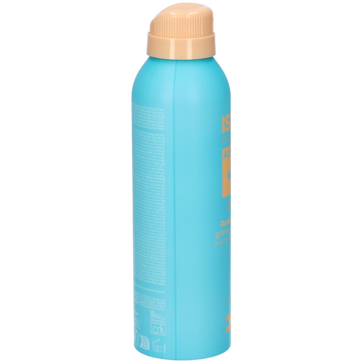 Türkisblaue Sprühflasche, Seitenansicht. Beige Sprühkopf. Text auf der Flasche.
