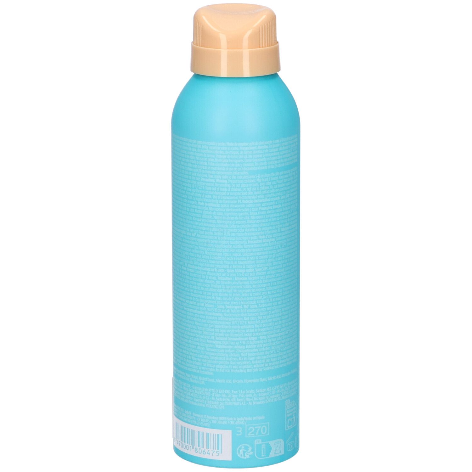 Türkisblaue Sprühflasche, Rückansicht. Beige Sprühkopf. Text auf der Flasche.