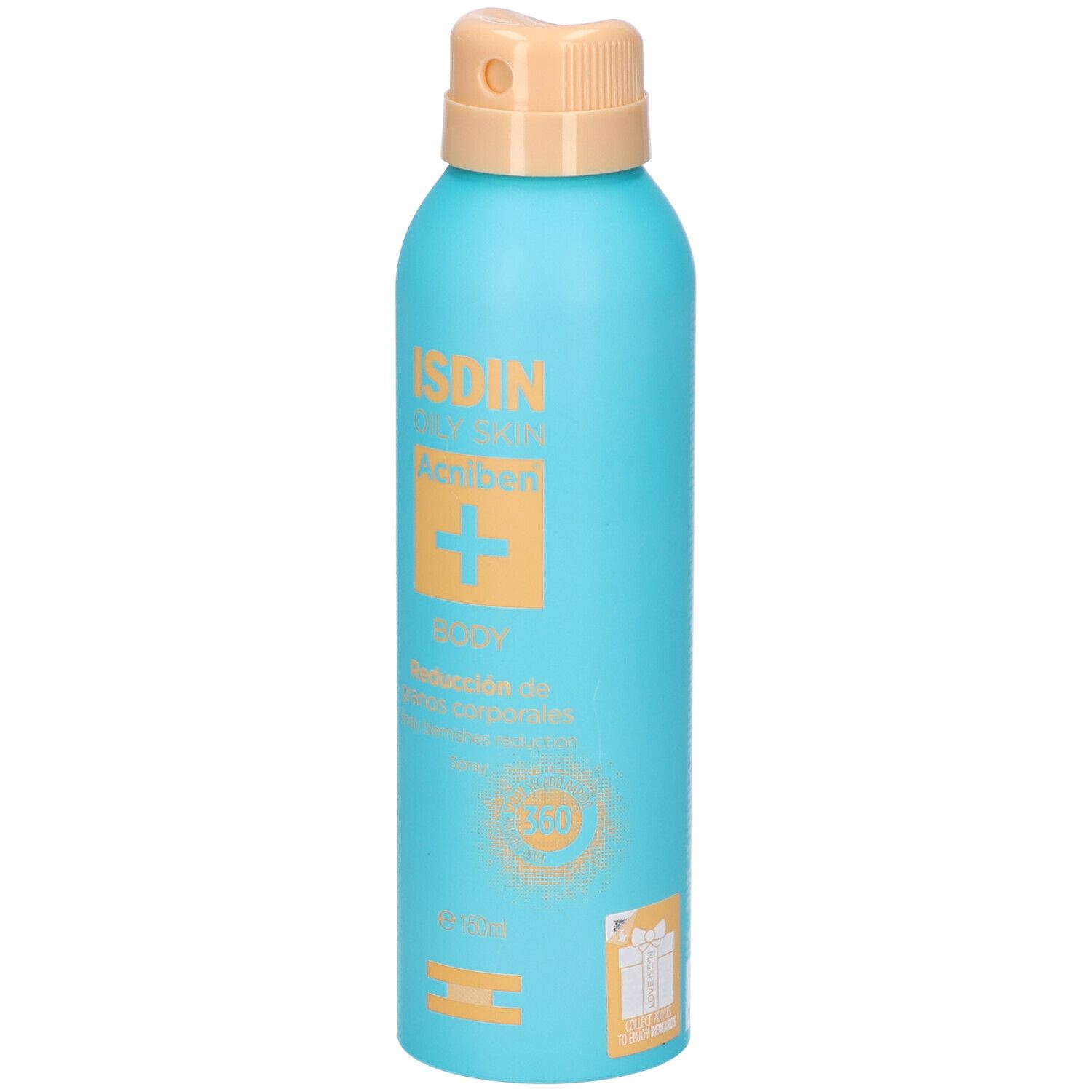 Türkisblaue Sprühflasche mit beigem Sprühkopf. Aufschrift: ISDIN Teen Skin Acniben + BODY. Logo: 360°.
