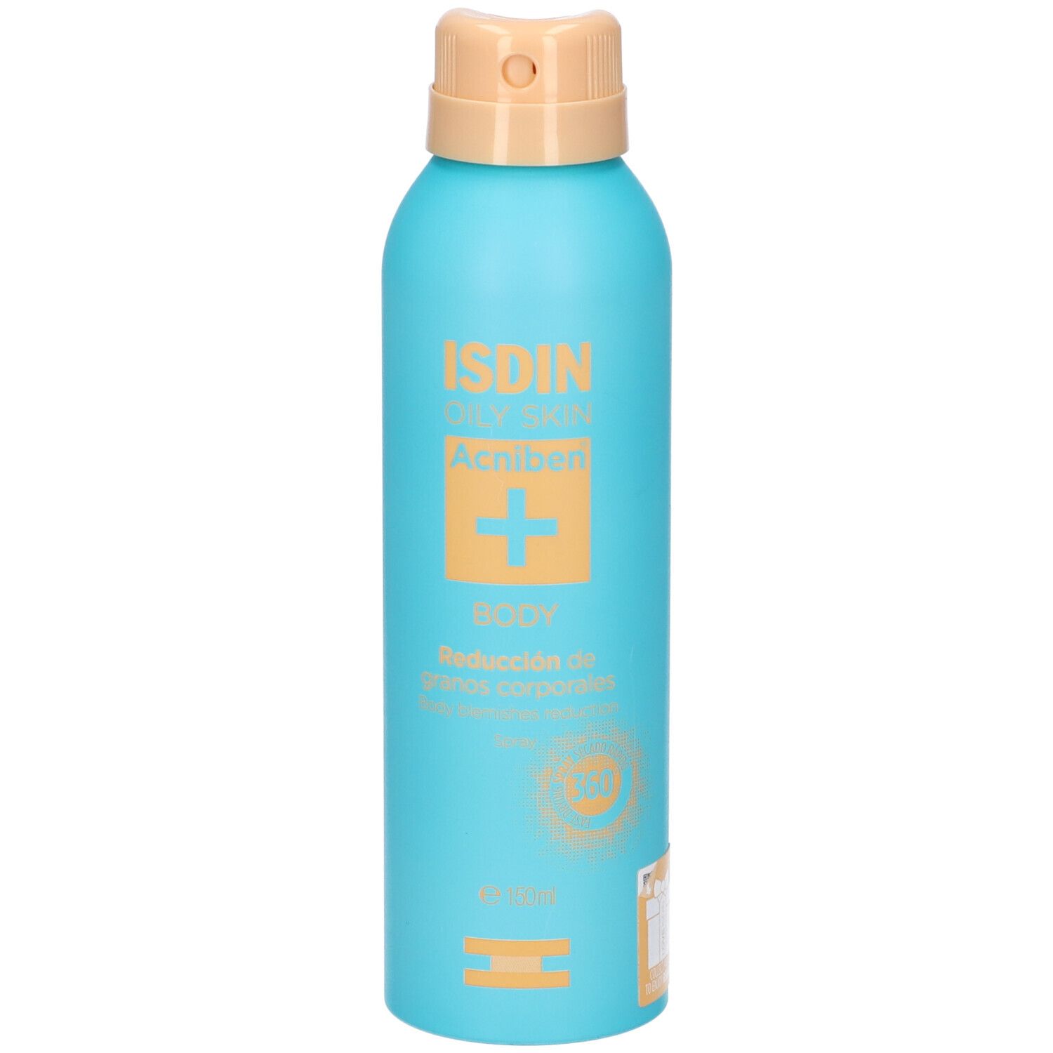 Türkisblaue Sprühflasche mit beigem Sprühkopf. Aufschrift: ISDIN Teen Skin Acniben + BODY. Logo: 360°.