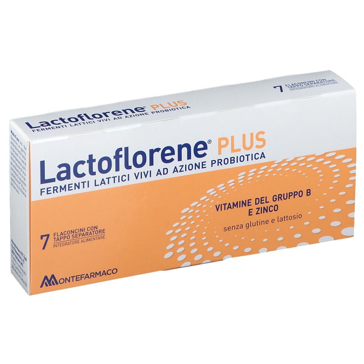 Scatola di Lactoflorene® Plus. Scritto: Fermenti lattici vivi ad azione probiotica. Contiene 7 flaconcini.