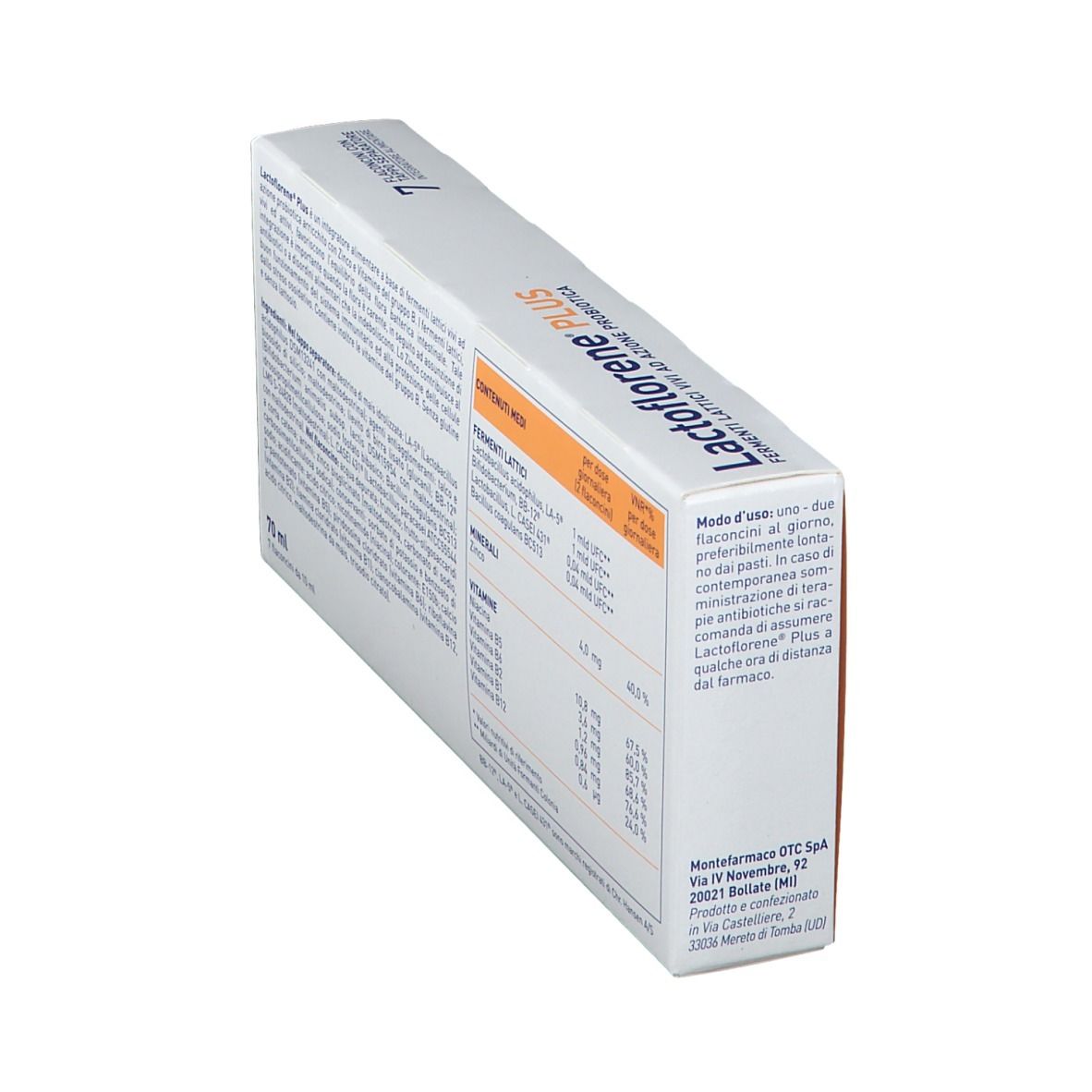 Scatola Lactoflorene® Plus, vista obliqua dall'alto. Testo e informazioni nutrizionali sulla confezione.
