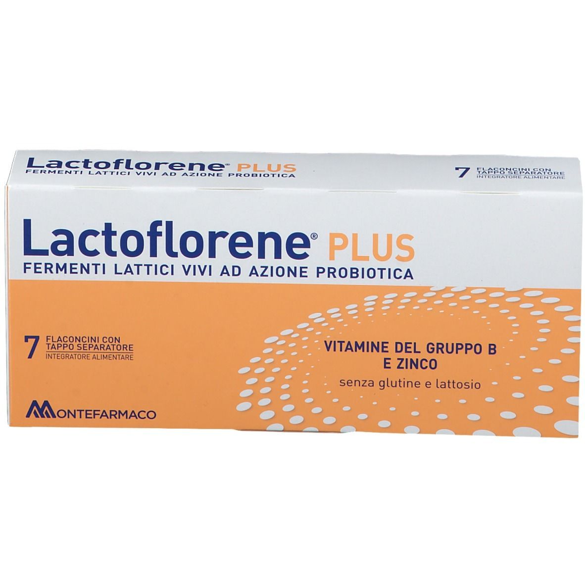 Scatola Lactoflorene® Plus. Scritto: Fermenti lattici vivi ad azione probiotica. Contiene 7 flaconcini.
