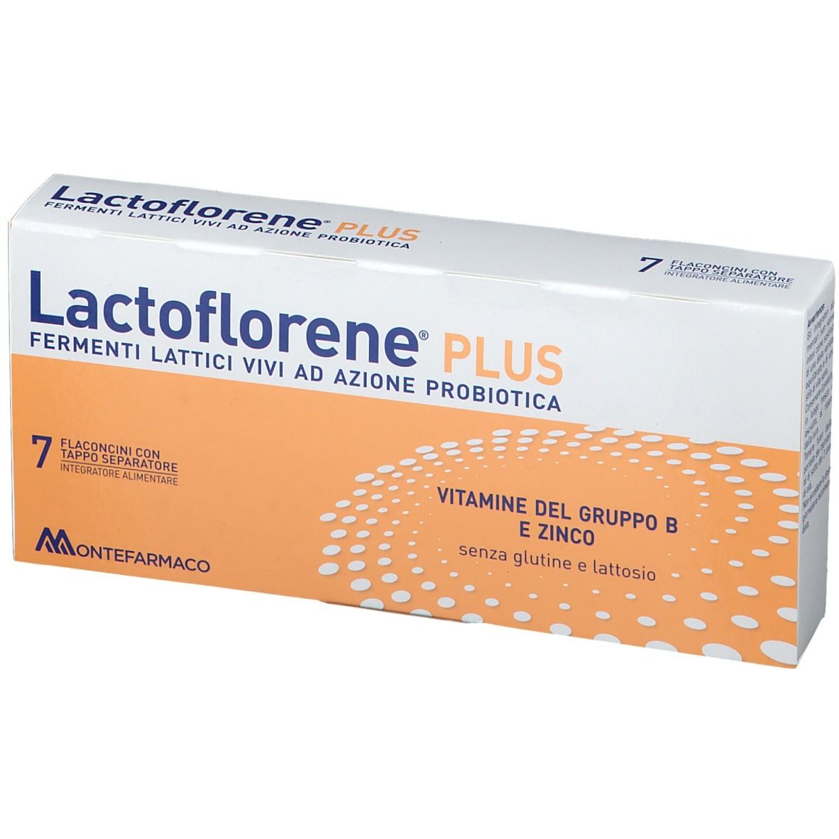 Scatola Lactoflorene® Plus. Scritto: Fermenti lattici vivi ad azione probiotica. Contiene 7 flaconcini.