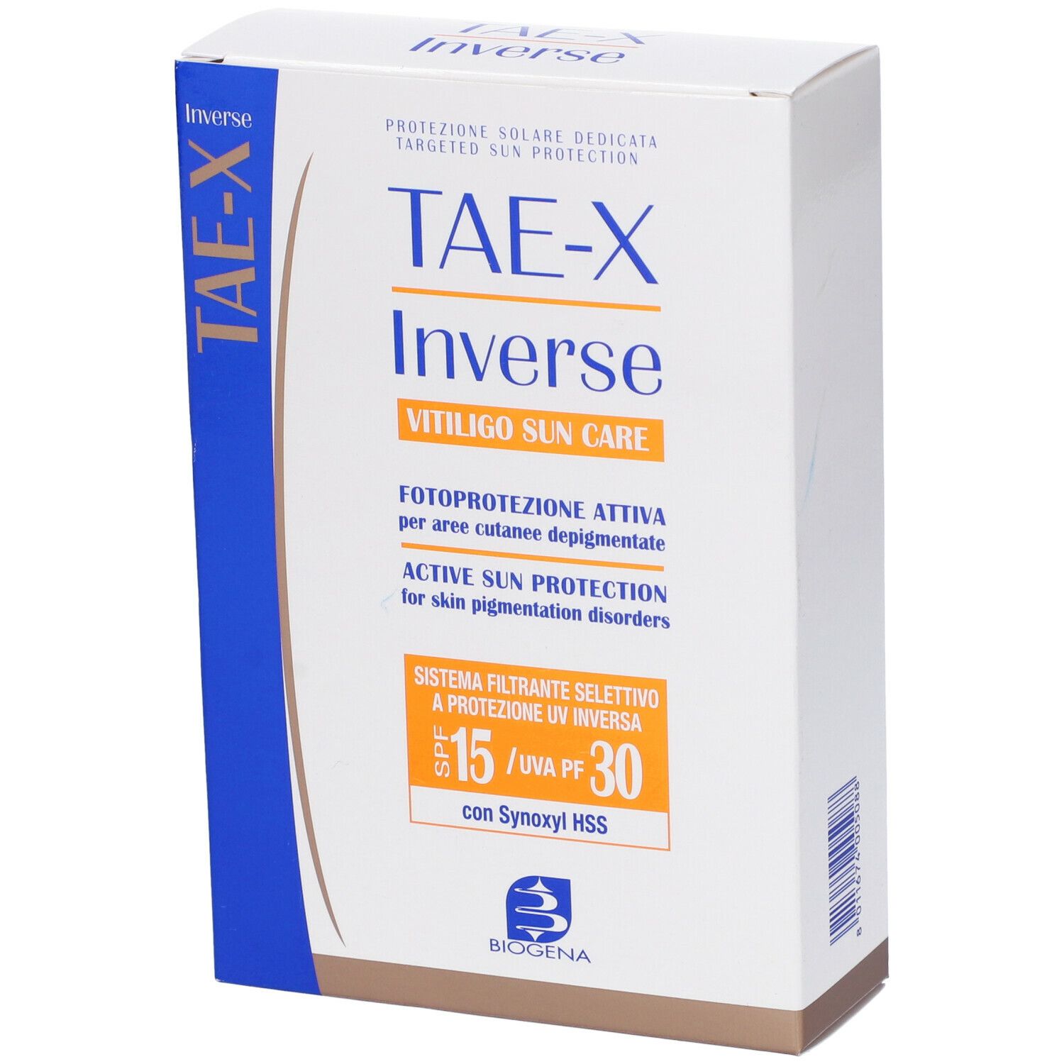 Scatola bianca con design blu. Scritta: TAE-X Inverse Vitiligo Sun Care, SPF 15/UVA 30. Marchio Biogena.