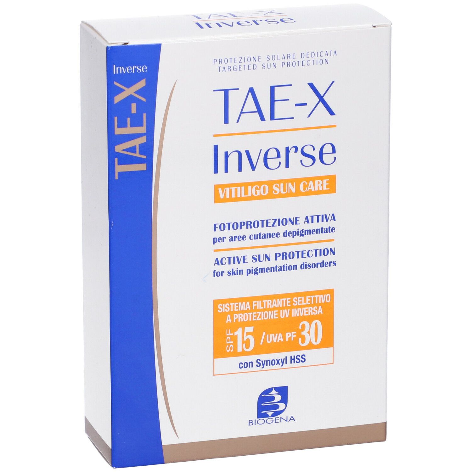 Scatola bianca con design blu. Scritta: TAE-X Inverse Vitiligo Sun Care, SPF 15/UVA 30. Marchio Biogena.