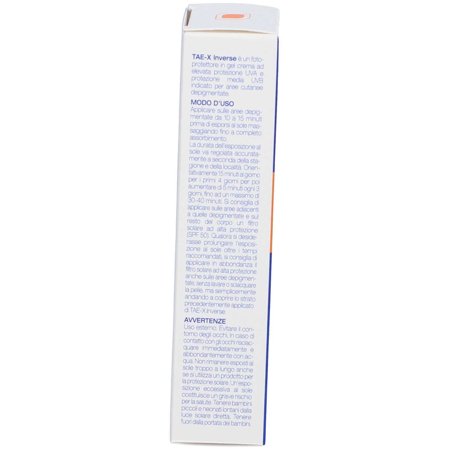 Seite der Tae-X Inverse Sonnencreme-Verpackung mit Anwendungshinweisen.