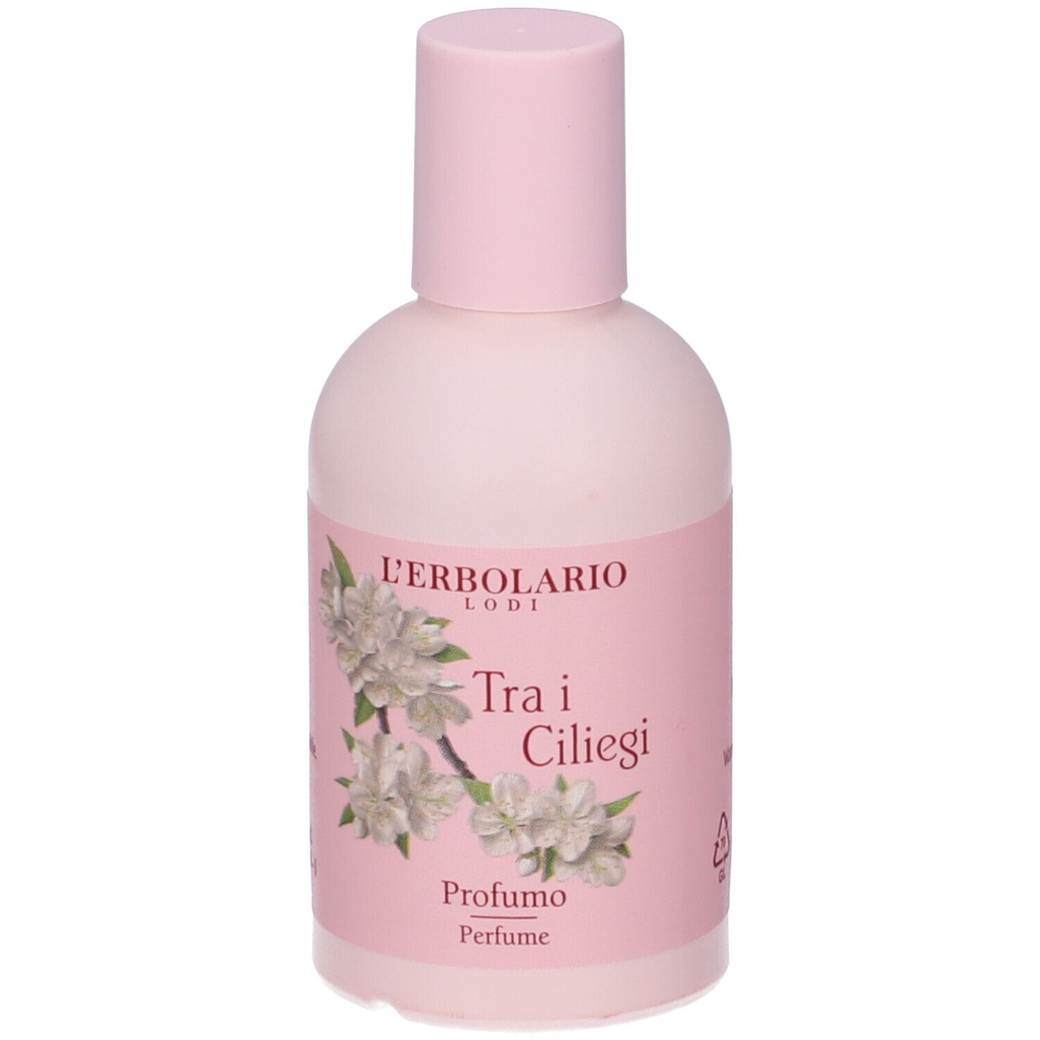 Flacone rosa con tappo rosa. Etichetta con design floreale e testo: Tra i Ciliegi Profumo.