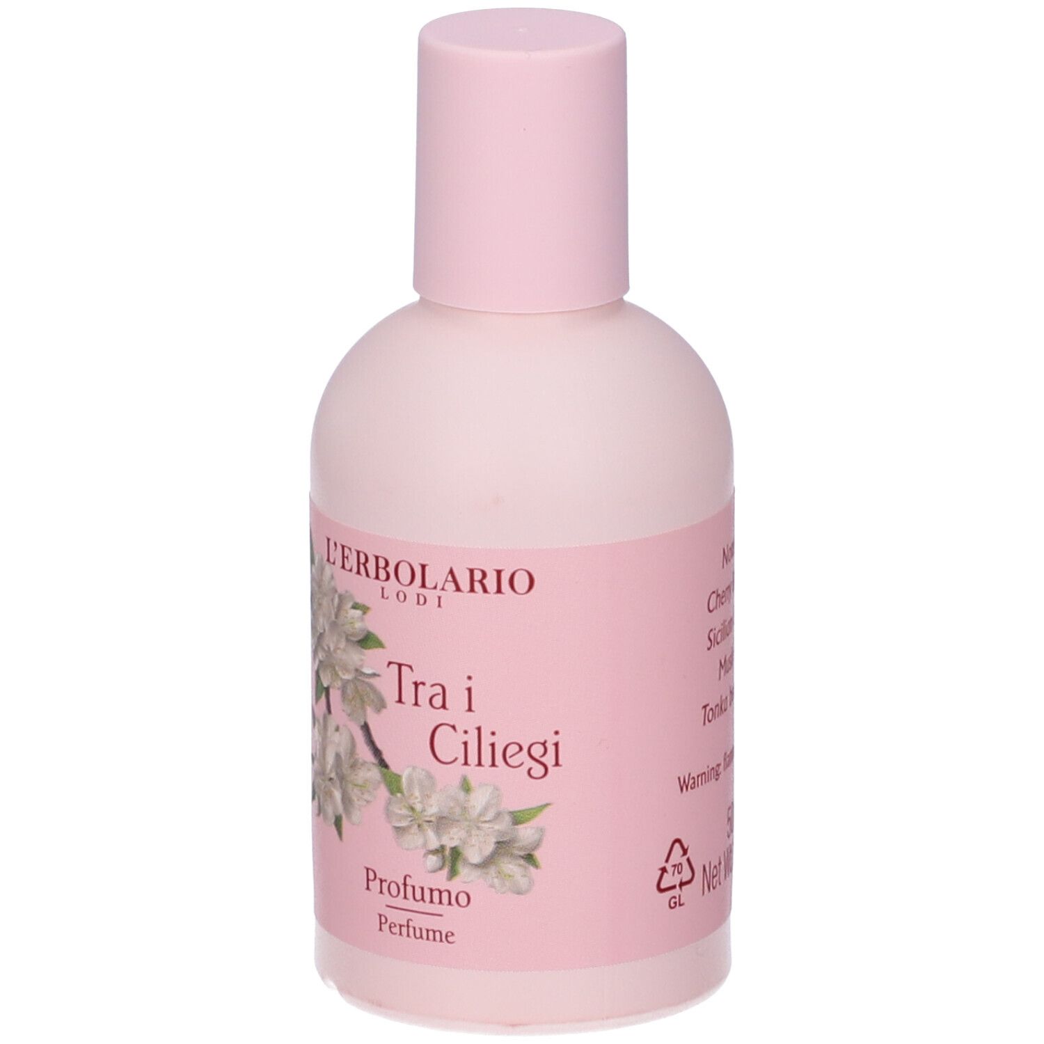 Flacone rosa con tappo rosa. Etichetta con design floreale e testo: Tra i Ciliegi Profumo.