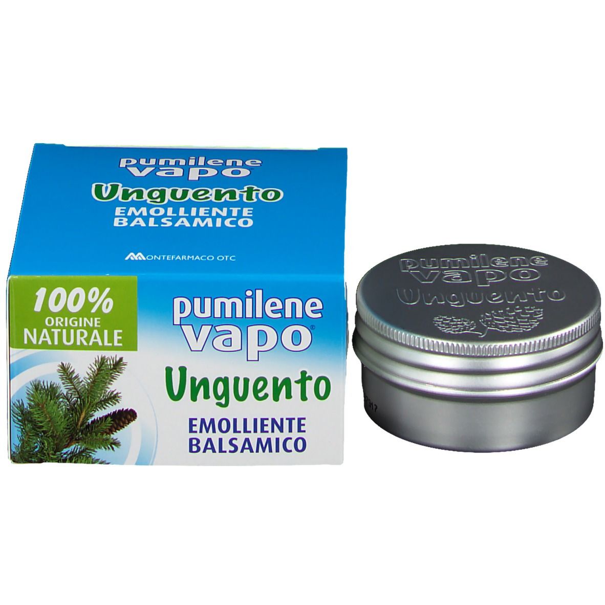 Barattolo cilindrico e scatola. Barattolo in metallo, scatola blu con nome e logo del prodotto.