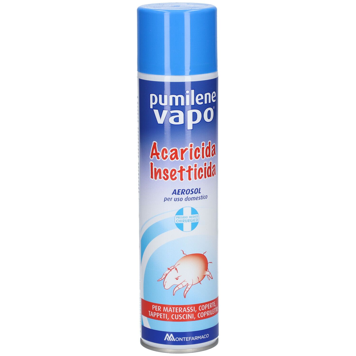 Spray aerosol con tappo blu. Scritta: Pumilene Vapo, Akarizida Insektizida. Illustrazione di un acaro.
