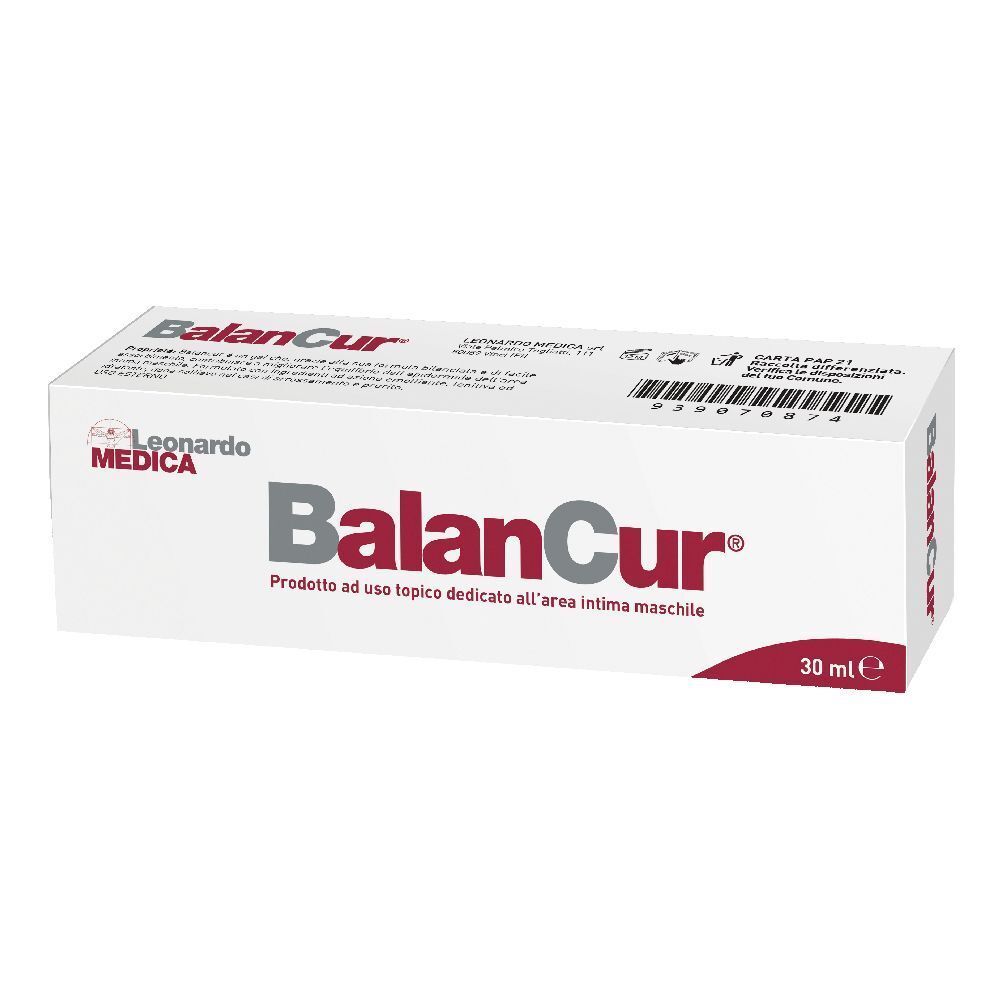 Scatola bianca Balancur con logo e testo. Indicazione 30 ml. Logo Leonardo Medica.