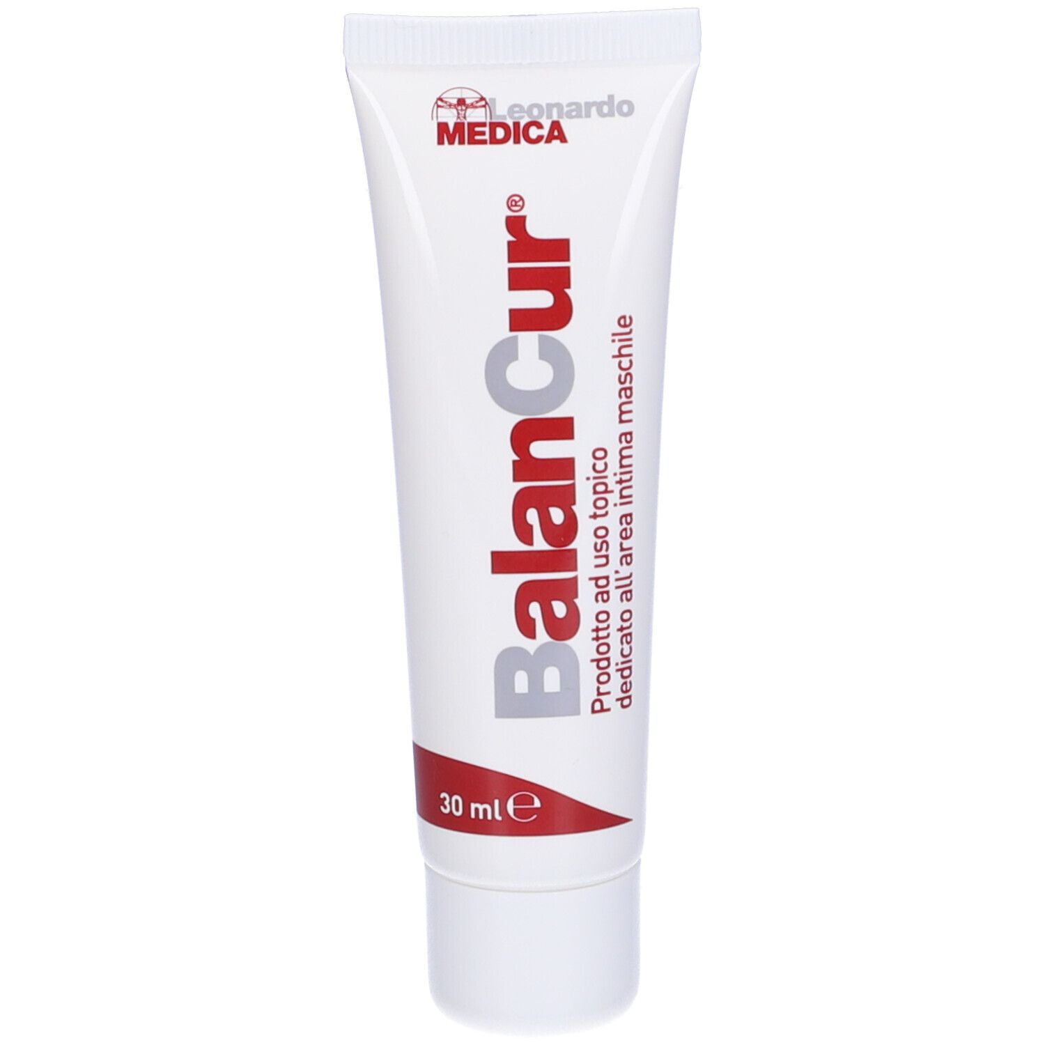 Tubo bianco Balancur con logo e testo. Indicazione 30 ml. Logo Leonardo Medica.