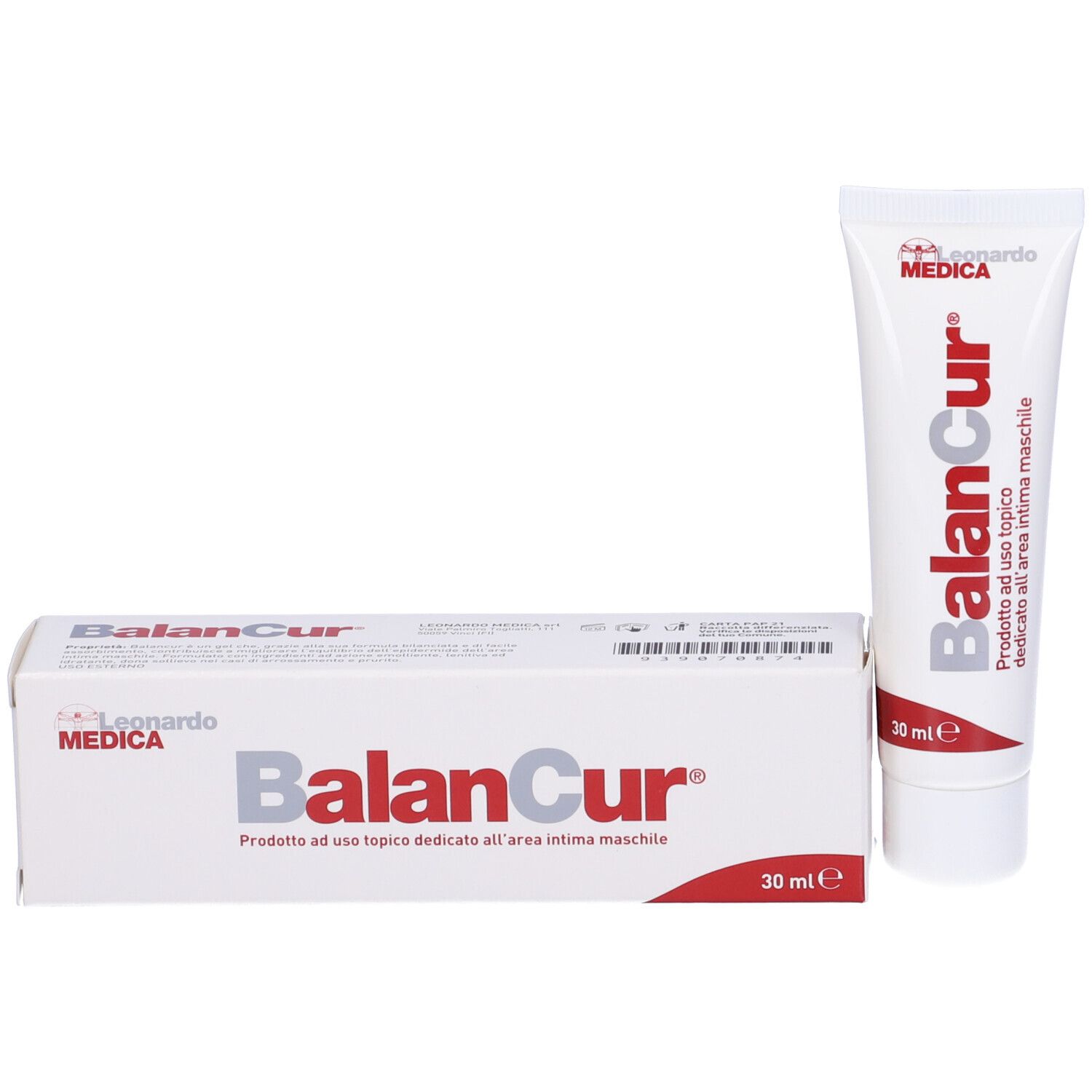 Prodotto Balancur e scatola affiancati. Indicazione 30 ml. Logo Leonardo Medica.