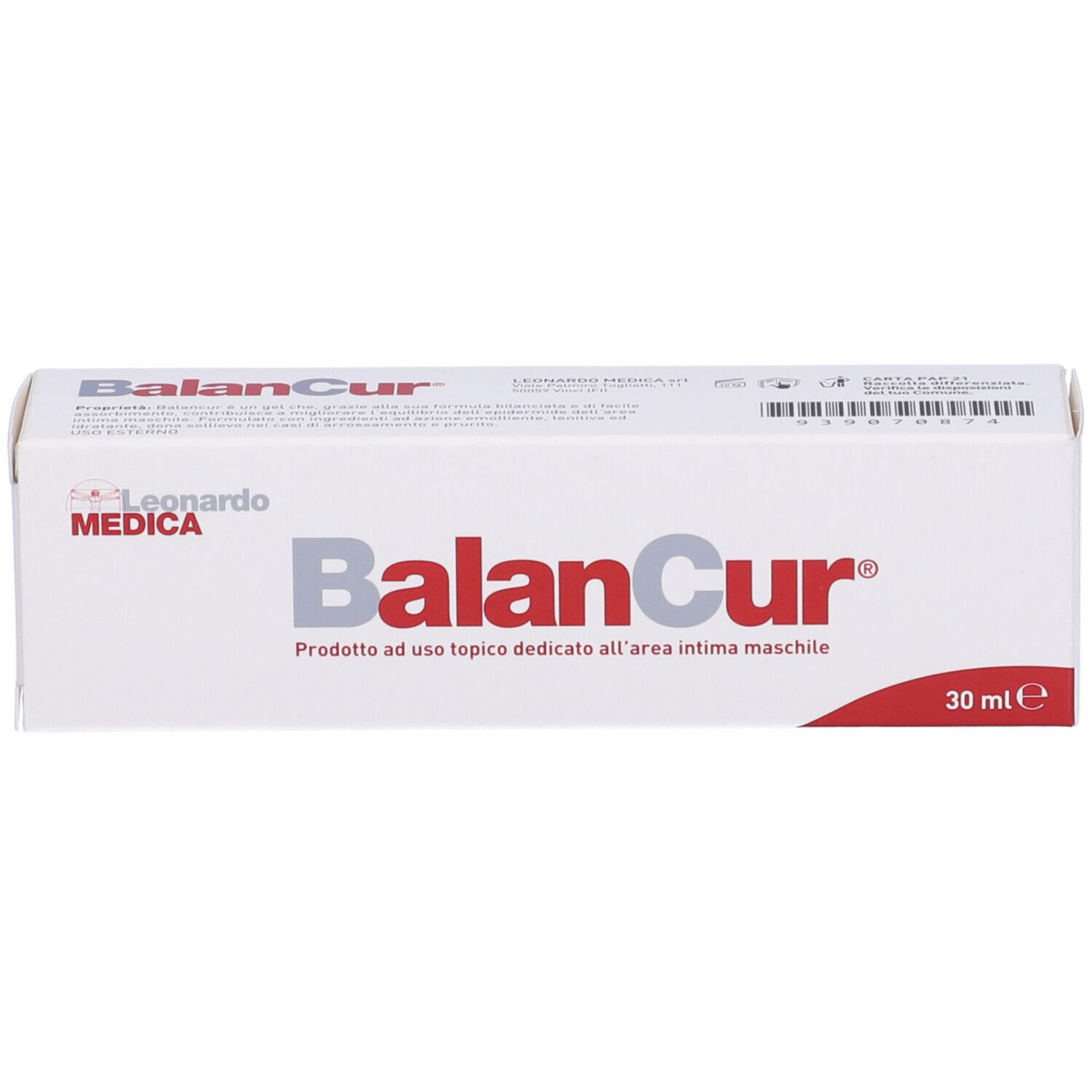 Scatola bianca Balancur con logo e testo. Indicazione 30 ml. Logo Leonardo Medica.